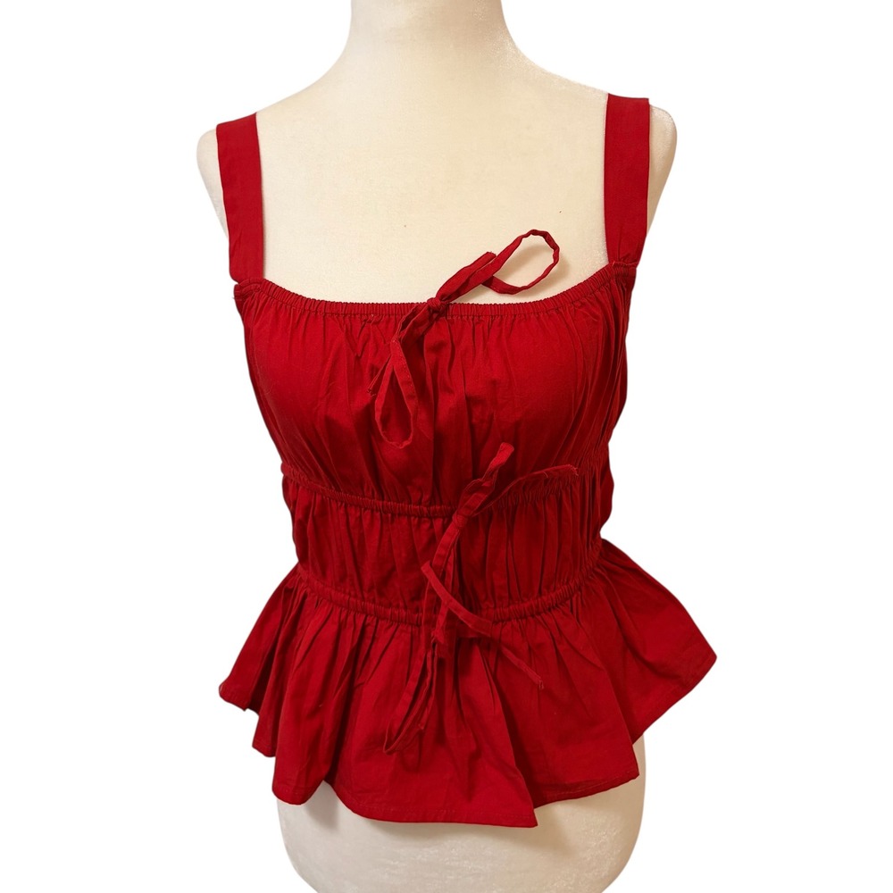Sim & Sam Red Smocked Medium Peplum Cotton Tank Top Cottagecore Boho - Picture 2 of 8